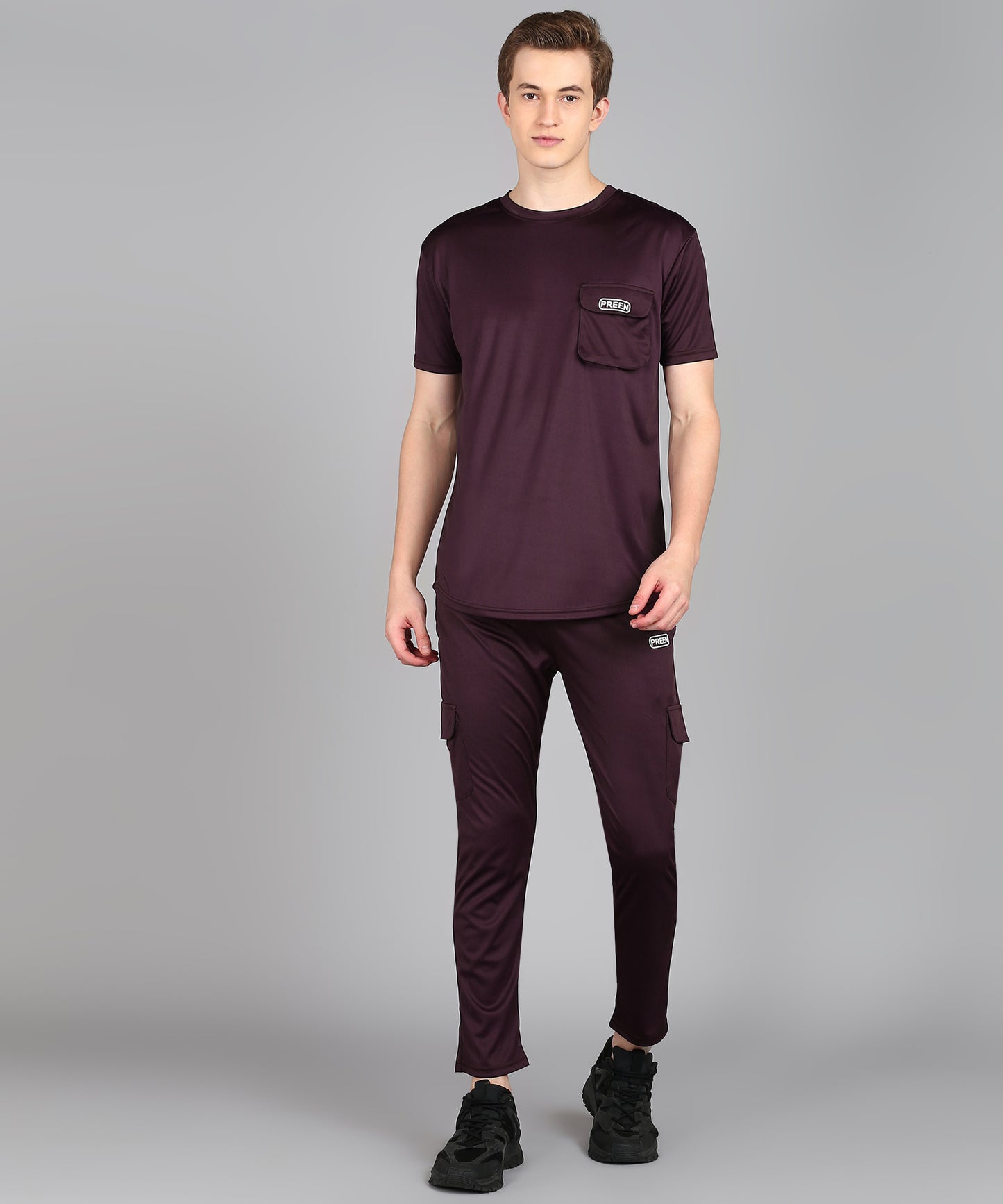 Preen Men's Maroon Colour Solid T-shirt and Lower Set