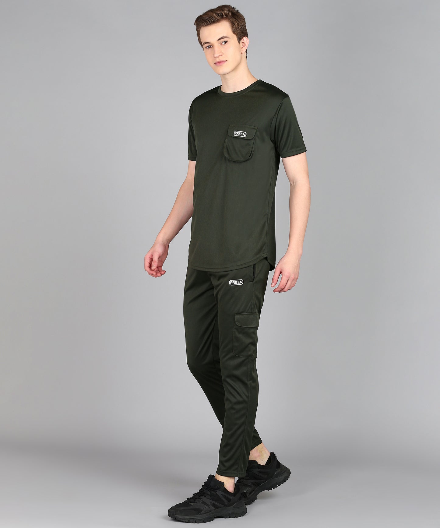 Preen Men's Mehndi Colour Solid T-shirt and Lower Set