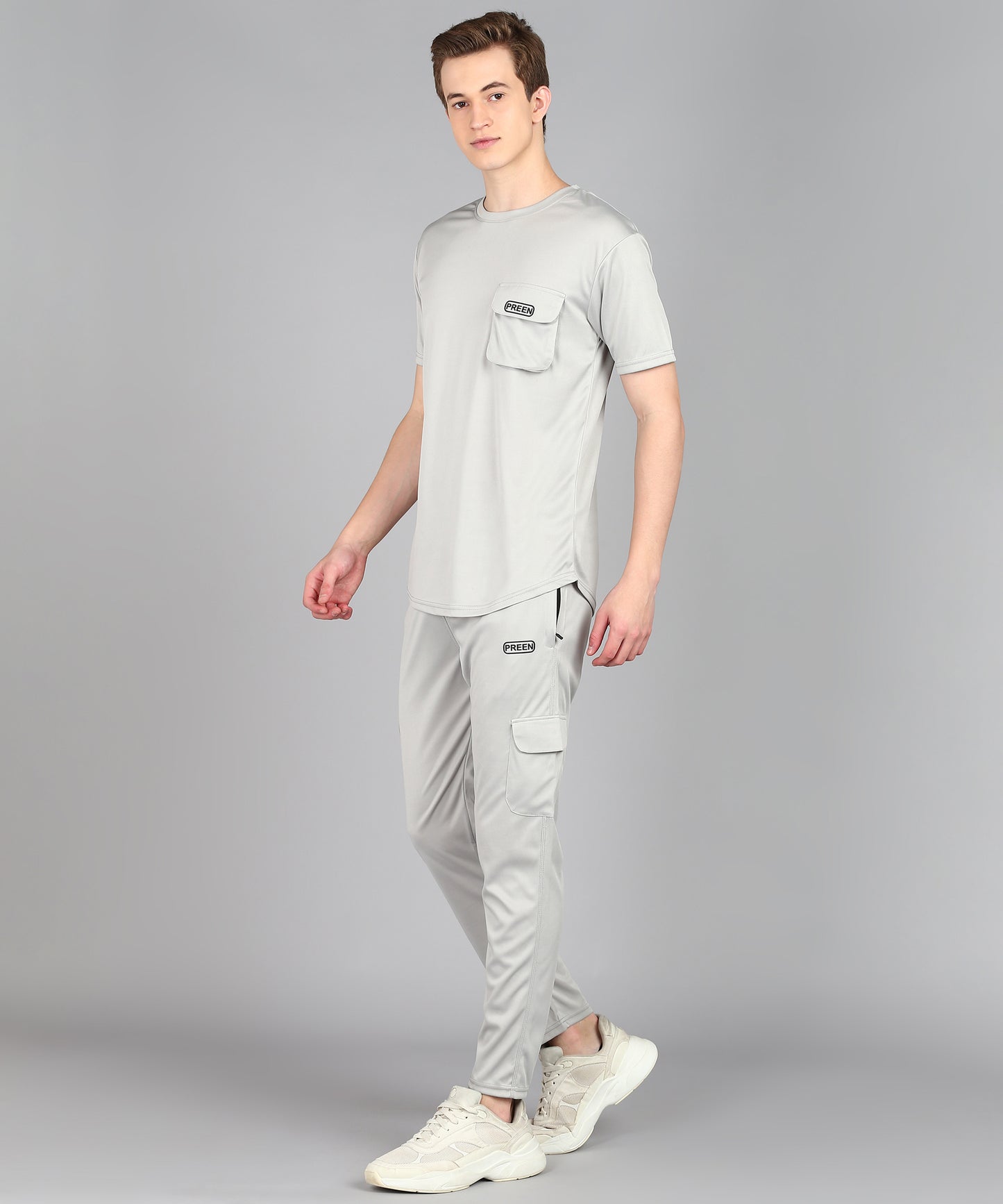 Preen Men's Light Grey Colour Solid T-shirt and Lower Set