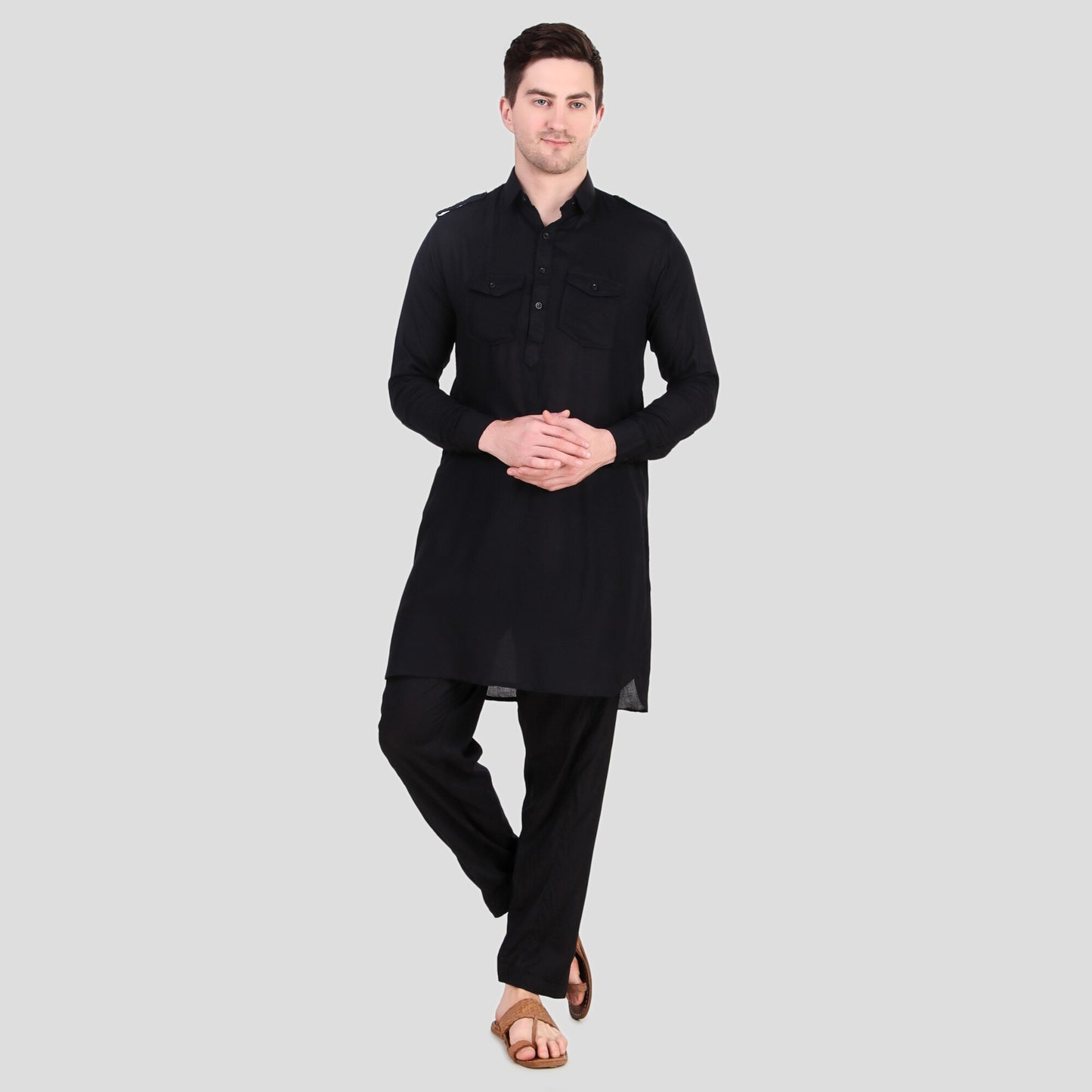 Preen Black DP Pathani Suit Set / Kurta Pajama Set