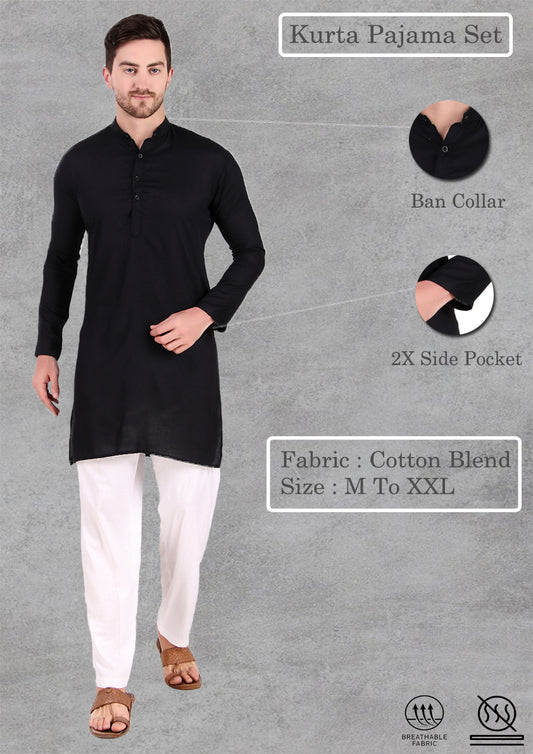 Preen Solid Black Ban Collar Kurta Pajama Set