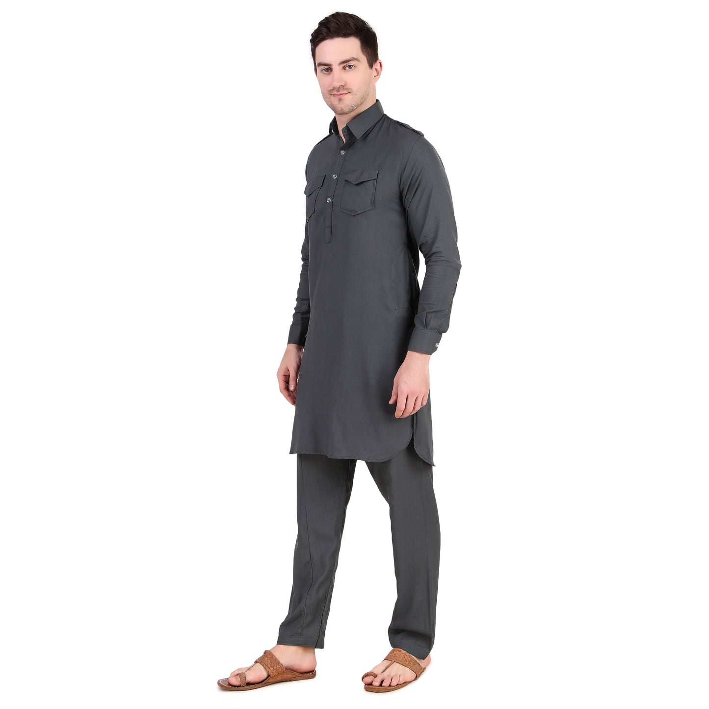 Preen Grey DP Pathani Suit Set / Kurta Pajama Set