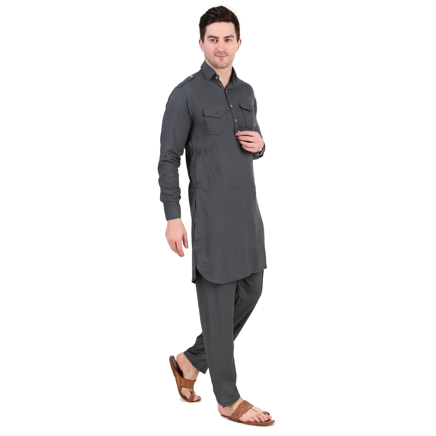 Preen Grey DP Pathani Suit Set / Kurta Pajama Set