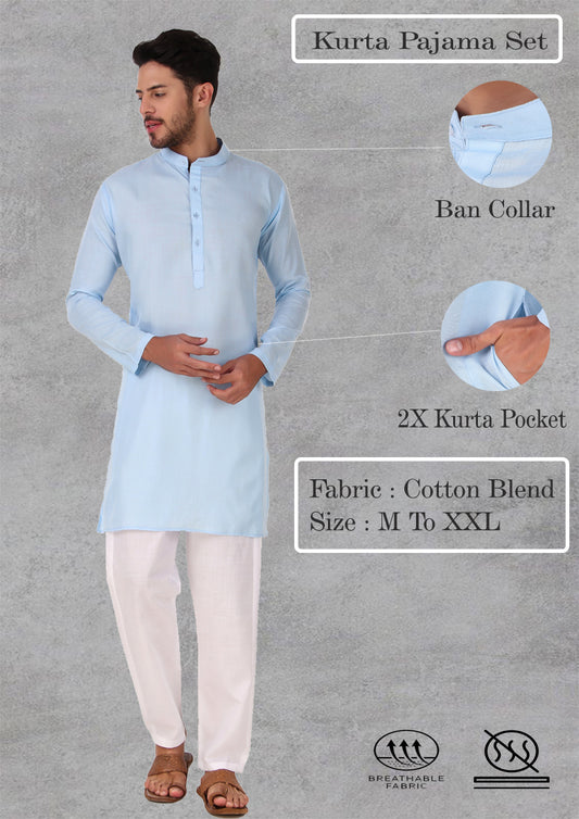 Preen Sky Blue Ban Collar Kurta Pajama Set