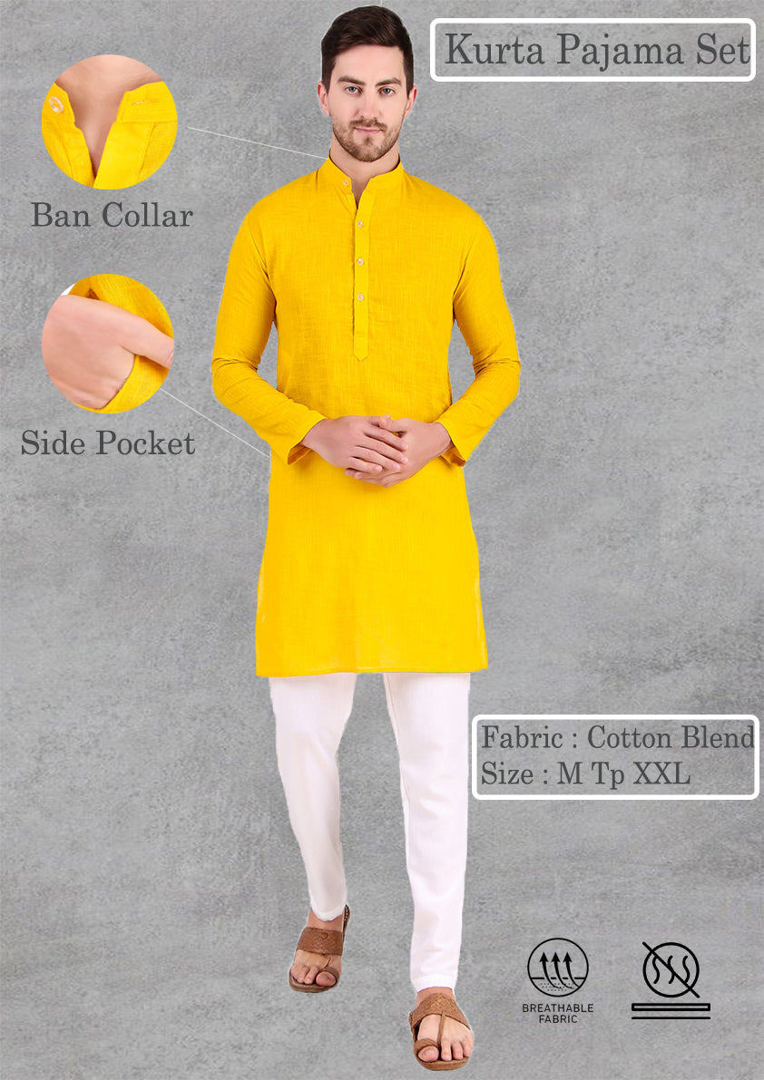 Preen Yellow Ban Collar Kurta Pajama Set