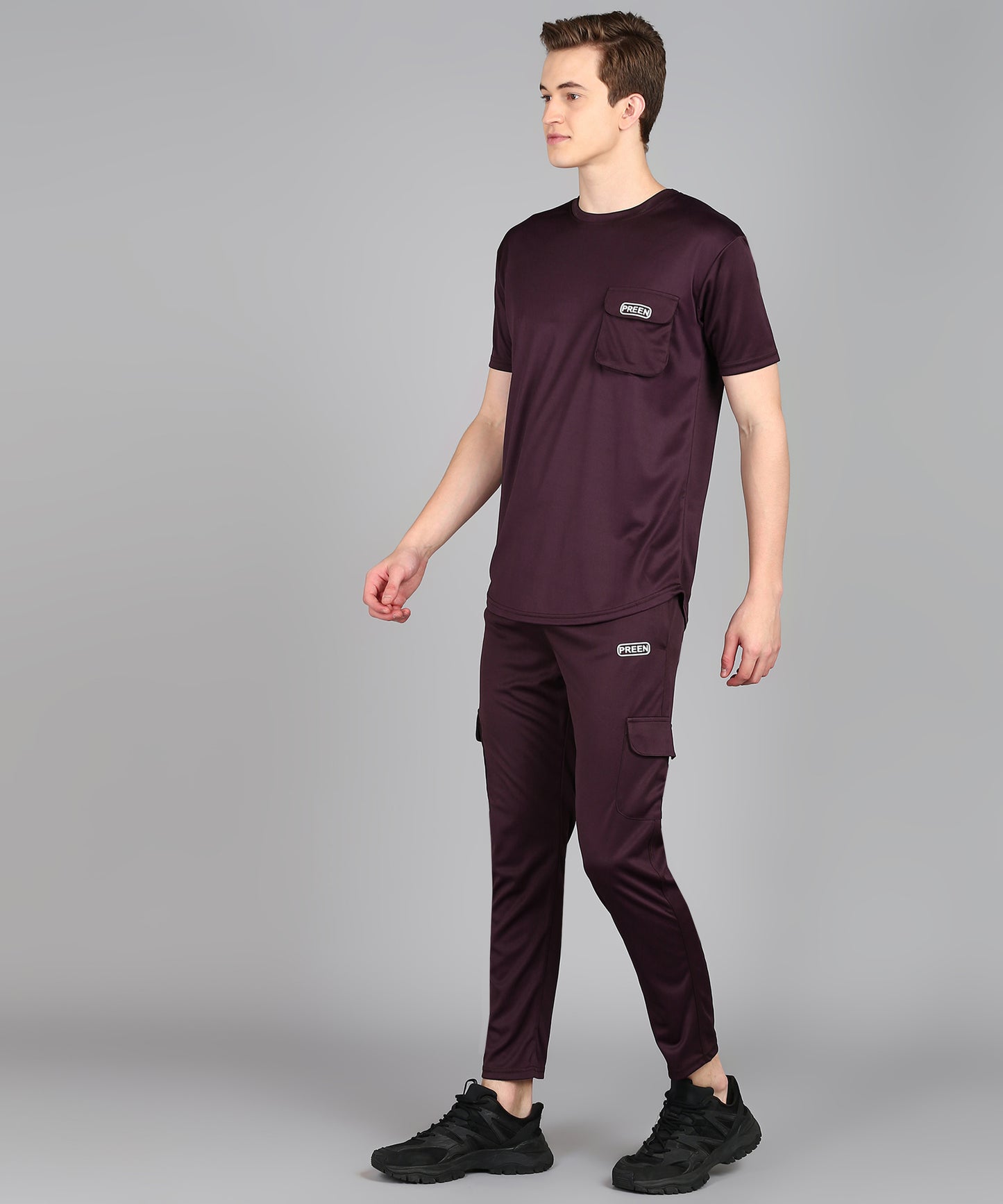 Preen Men's Maroon Colour Solid T-shirt and Lower Set