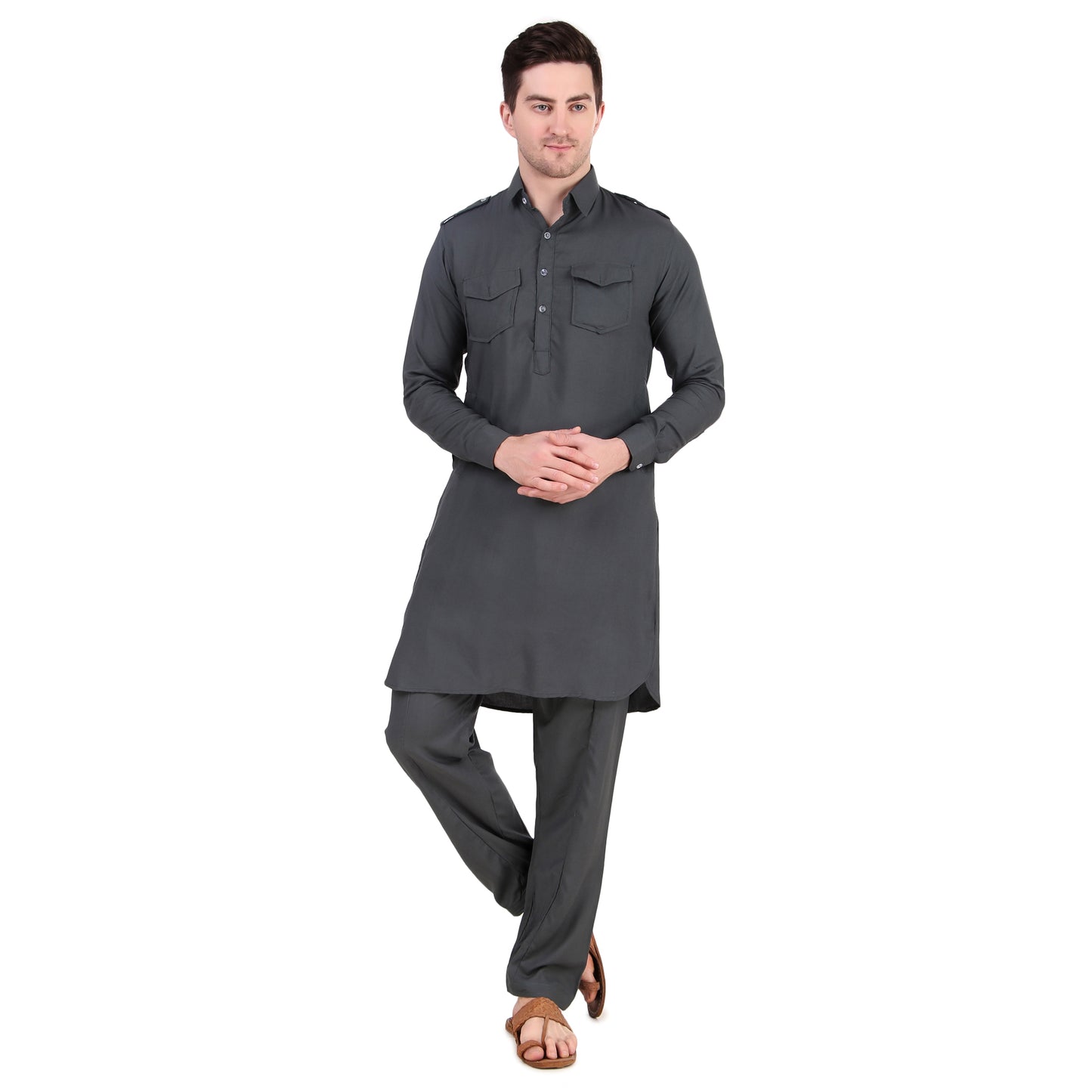 Preen Grey DP Pathani Suit Set / Kurta Pajama Set