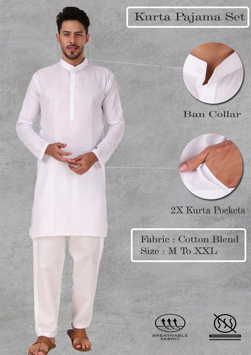 Preen Solid White Ban Collar Kurta Pajama Set