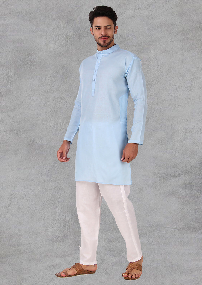 Preen Sky Blue Ban Collar Kurta Pajama Set