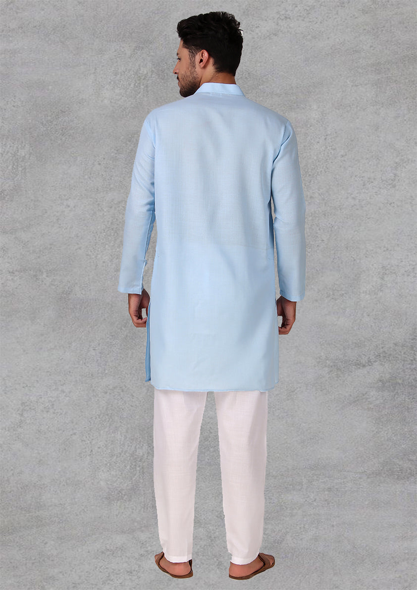 Preen Sky Blue Ban Collar Kurta Pajama Set