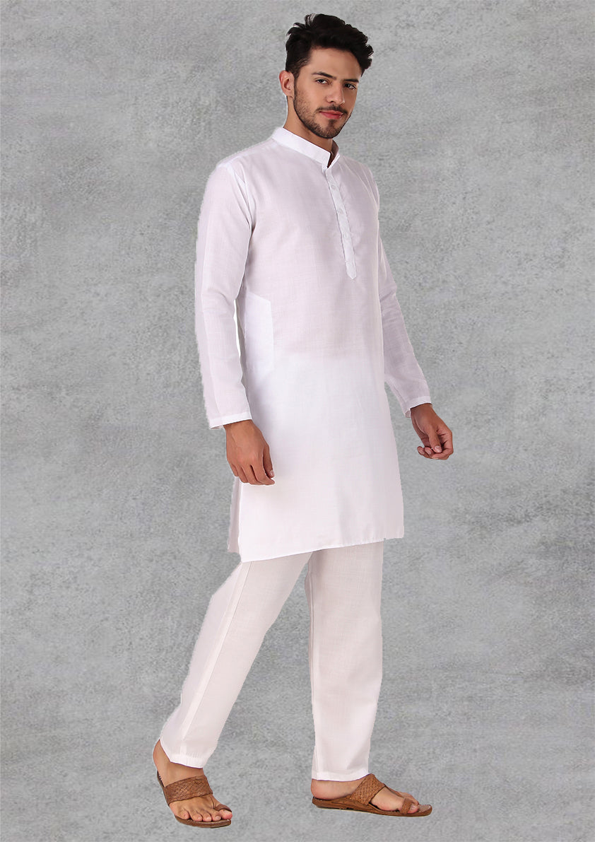 Preen Solid White Ban Collar Kurta Pajama Set