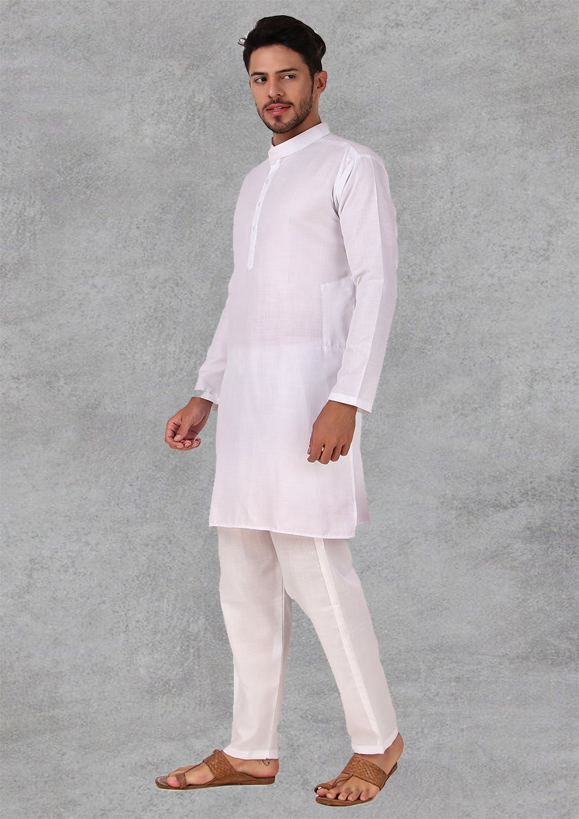 Preen Solid White Ban Collar Kurta Pajama Set